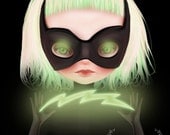 Fine Art Print - 'Pop' - Little Super Hero Girl - Green Lightning -  Lowbrow Art - 8.5x11 or 8x10 Medium Sized Giclee Print