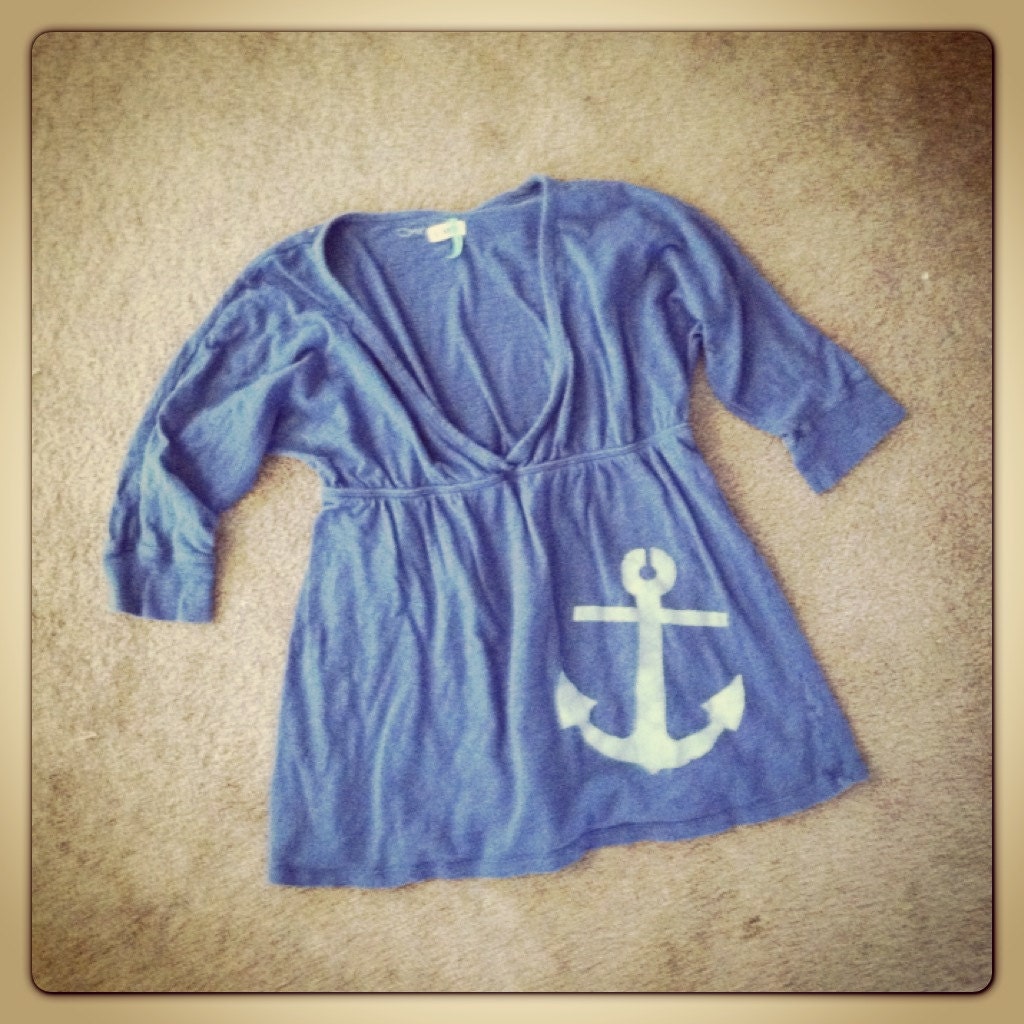 Anchor nautical hand stenciled empire waist shirt OOAK upcycled thrifted