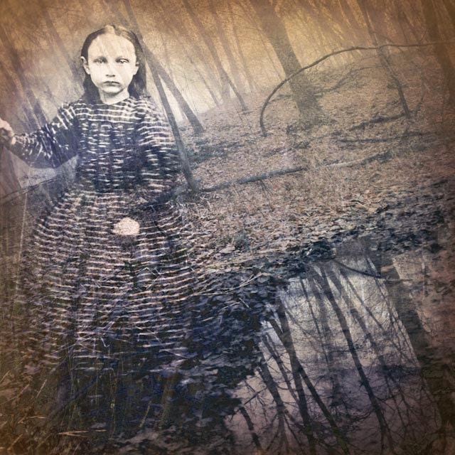 Feral Now - 8 X 8 fine-art photo collage print of a haunting young girl in the forest