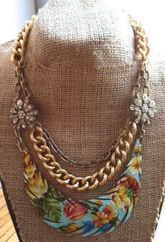 Blue and yellow floral brooch and chain recycled leather necklace