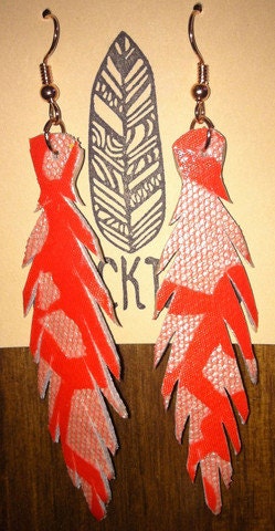 Orange and pearl lace recycled skinny leather feather earrings