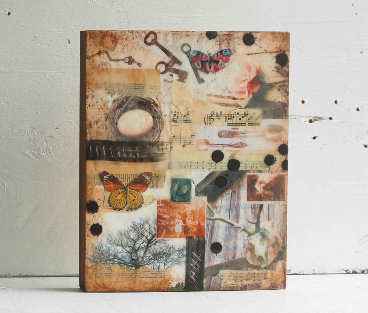 Rustic NATURE Original Encaustic Mixed Media Painting Butterfly Nest Deer Nature Tree Barn Rustic Collage