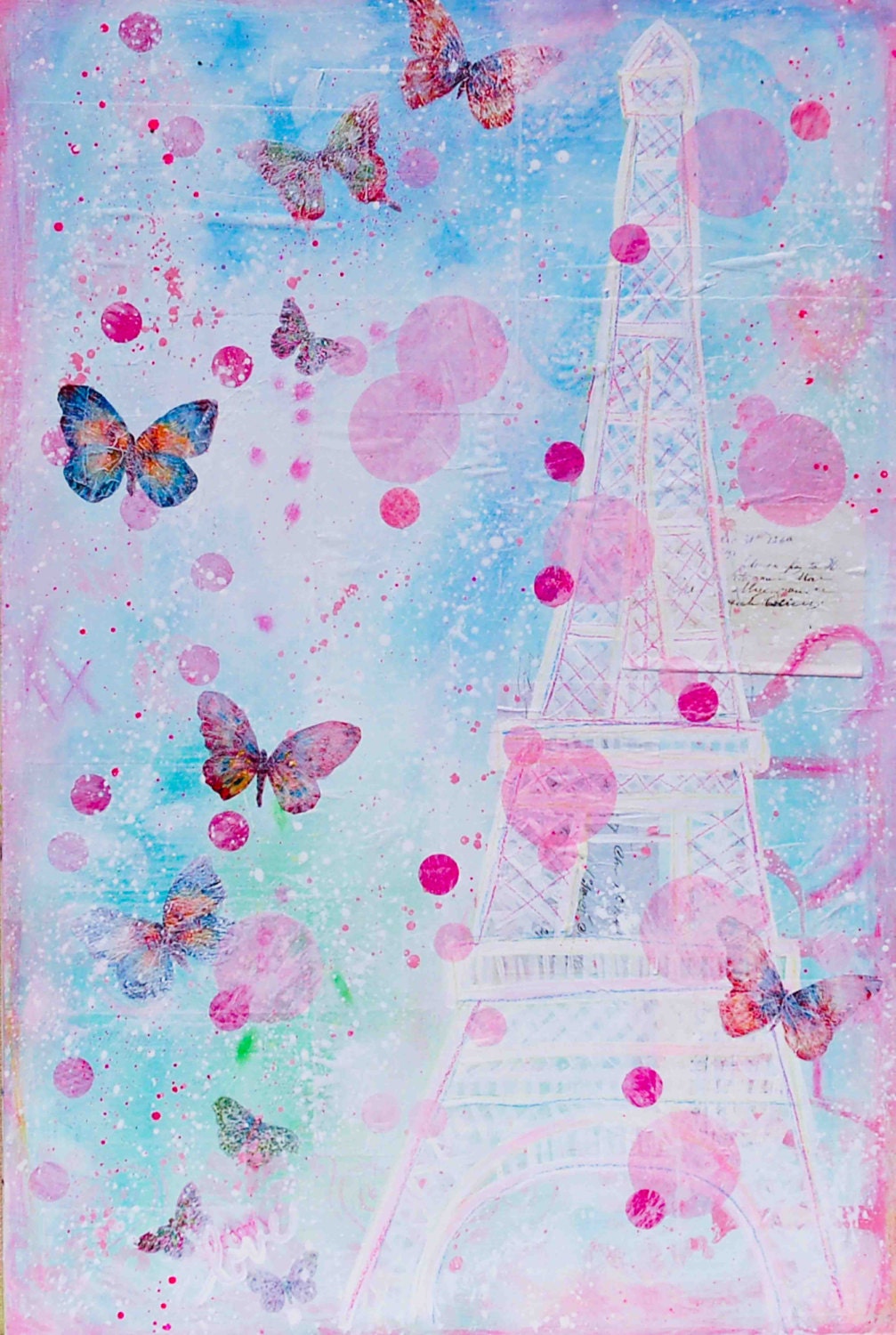 PARIS Papillion Eiffel Tower Large Original Painting Pink Butterflies Shabby Chic Decor 24x30