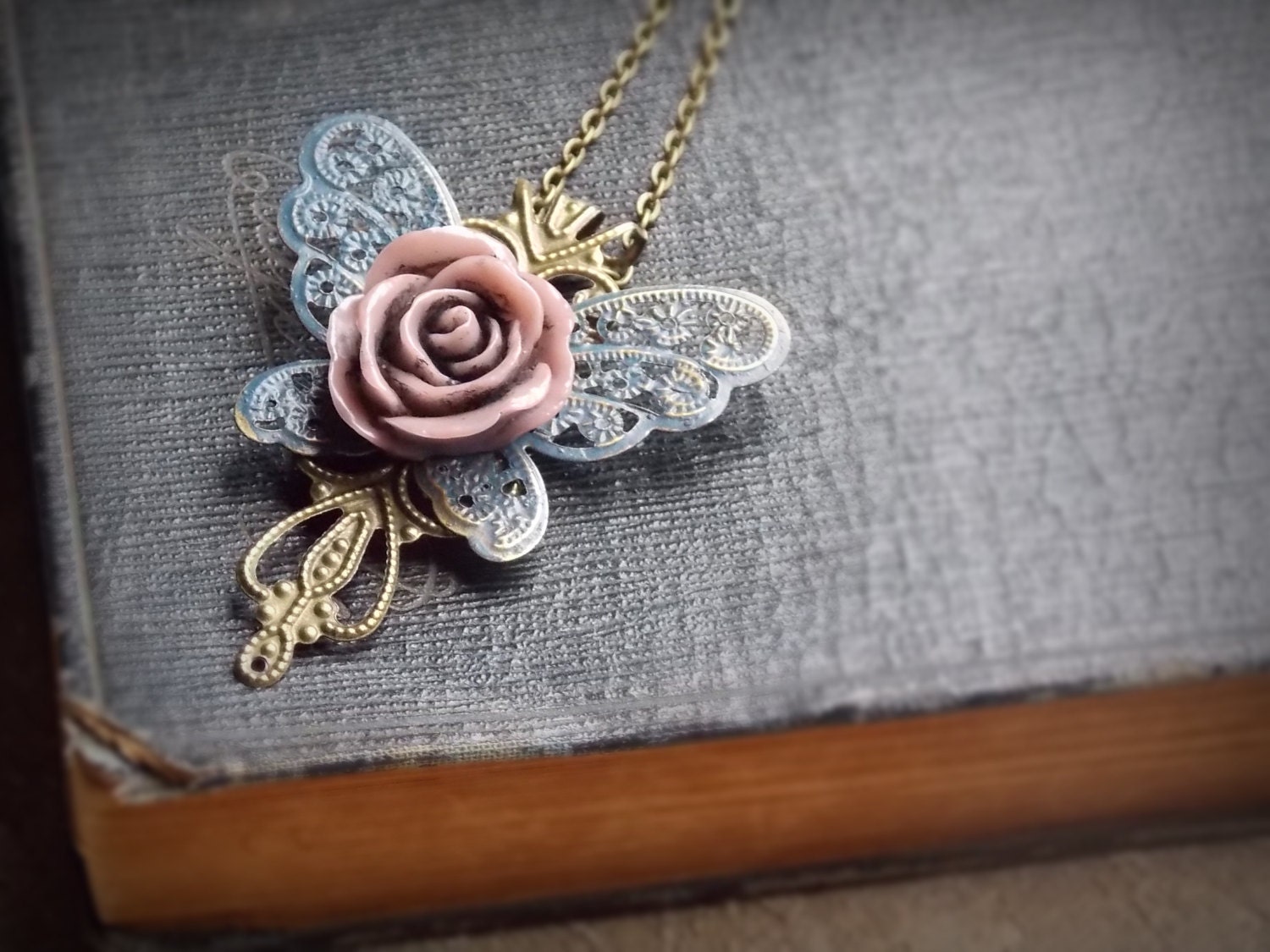 Butterfly Necklace Shabby Chic Rose Brass Jewelry
