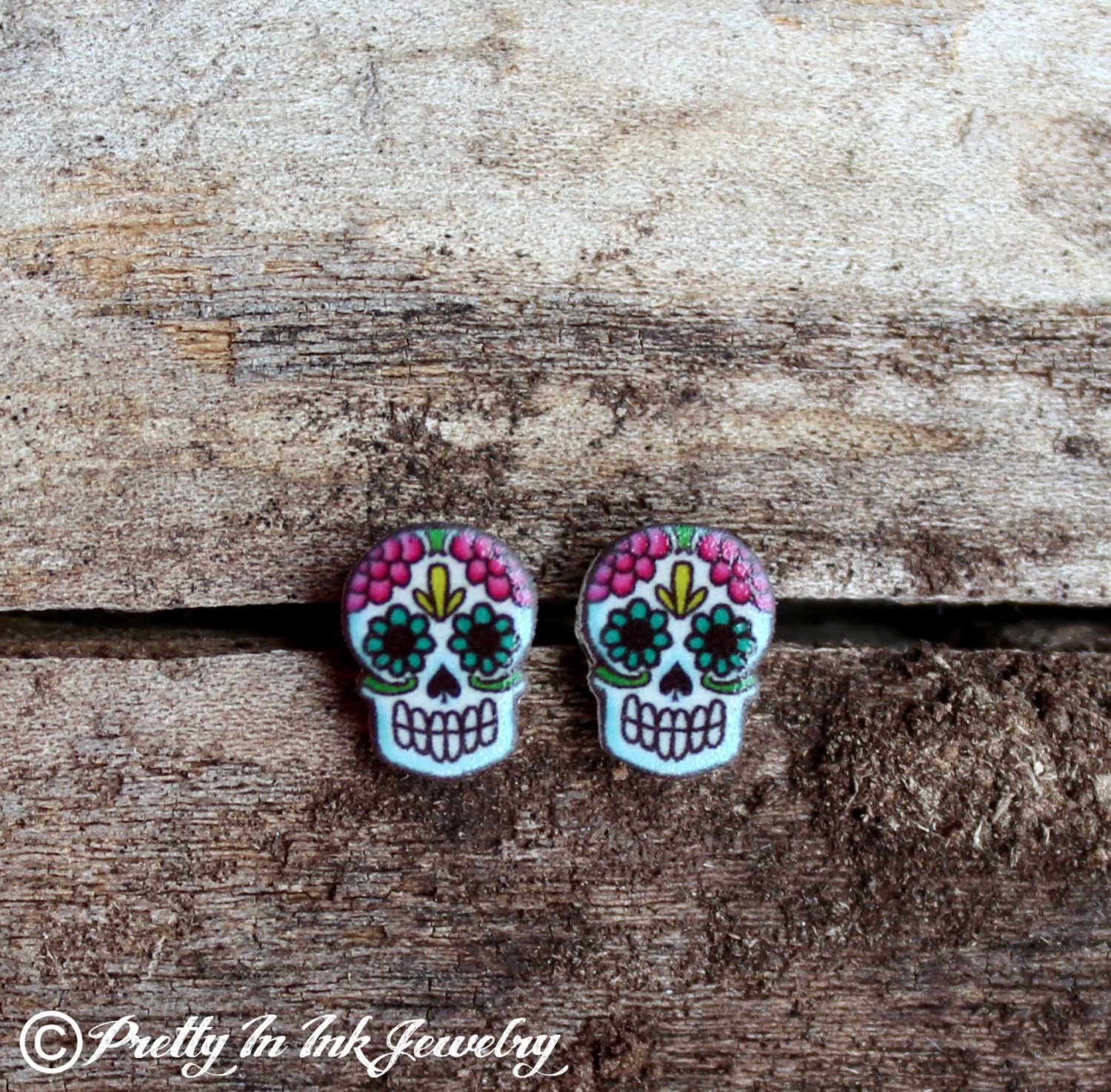 Tiny Day of the Dead Colorful Sugar Skull Earrings