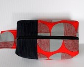 Zippered toiletry box bag- red and gray circle with denim