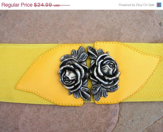 ON SALE Vintage Yellow belt Elasticized stretch wide cinch Belt Rose Buckle Size Small
