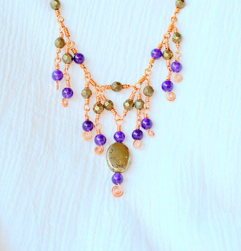Copper wire work necklace Amethyst Gold Pyrite