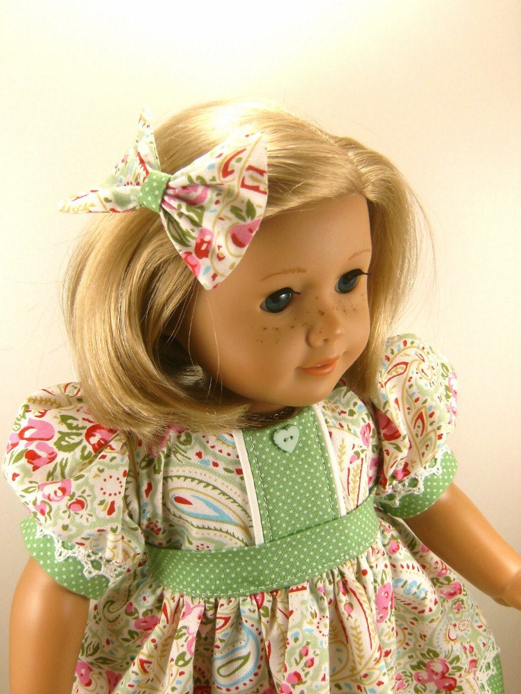 American Girl Doll 18 Inch Dolls Paisley and Roses Short Sleeved Dress Matching Hair Bow
