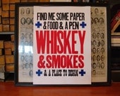 WHISKEY and SMOKES Letterpress Poster Print Broadside Art Hand-Pulled