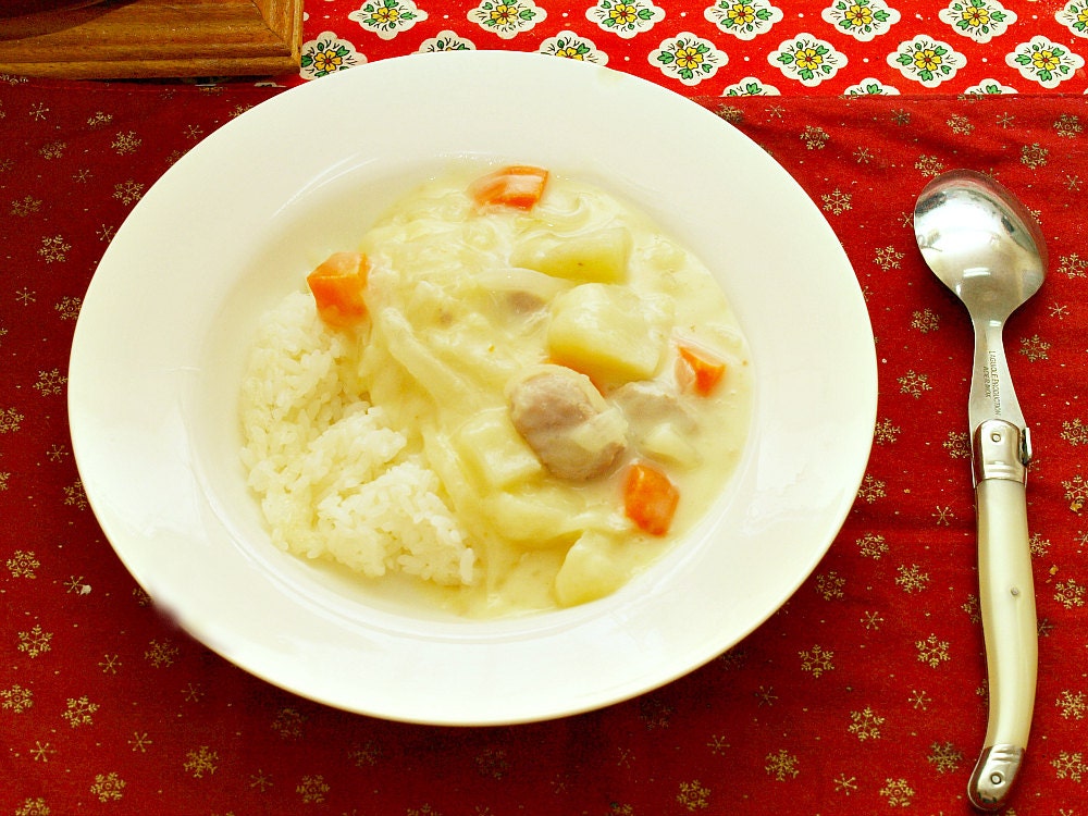 Japanese cooking recipe, yoshoku, vegetable and meat stew over rice