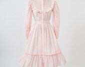 1960's Pink Floral Prairie Dress - Rosebud Cotton Victorian Style Shirtdress - Ruffles & Flower Buttons