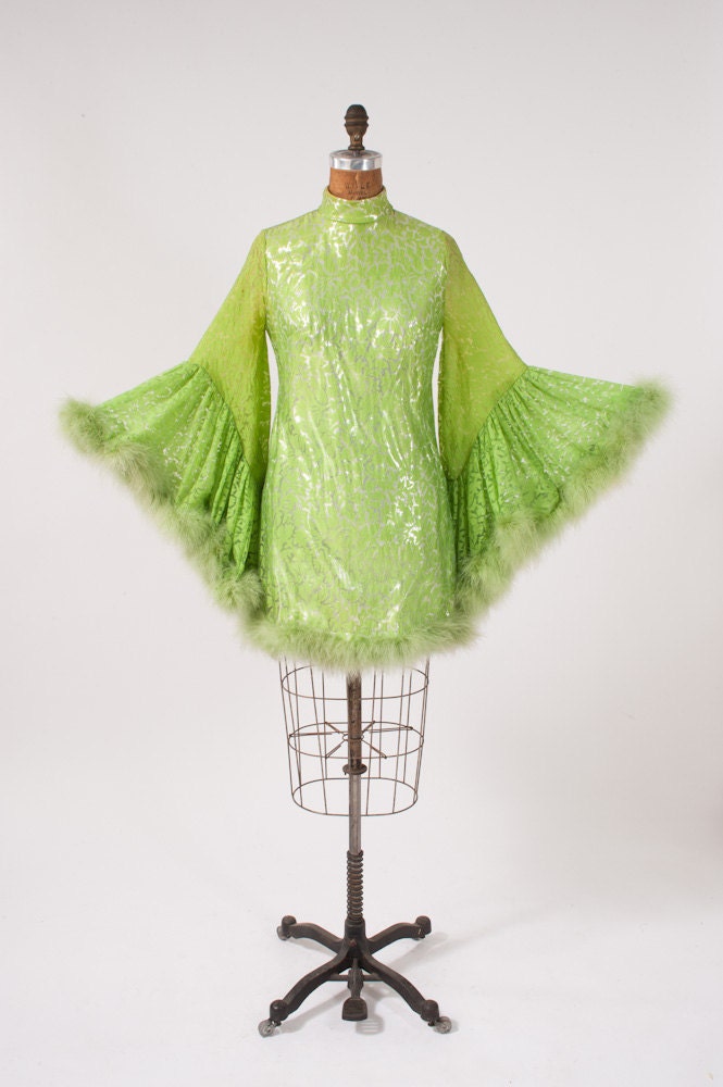 1960's Mod Mini Dress Chartreuse Silk Burnout Lurex Butterfly Wings Marabou Trim