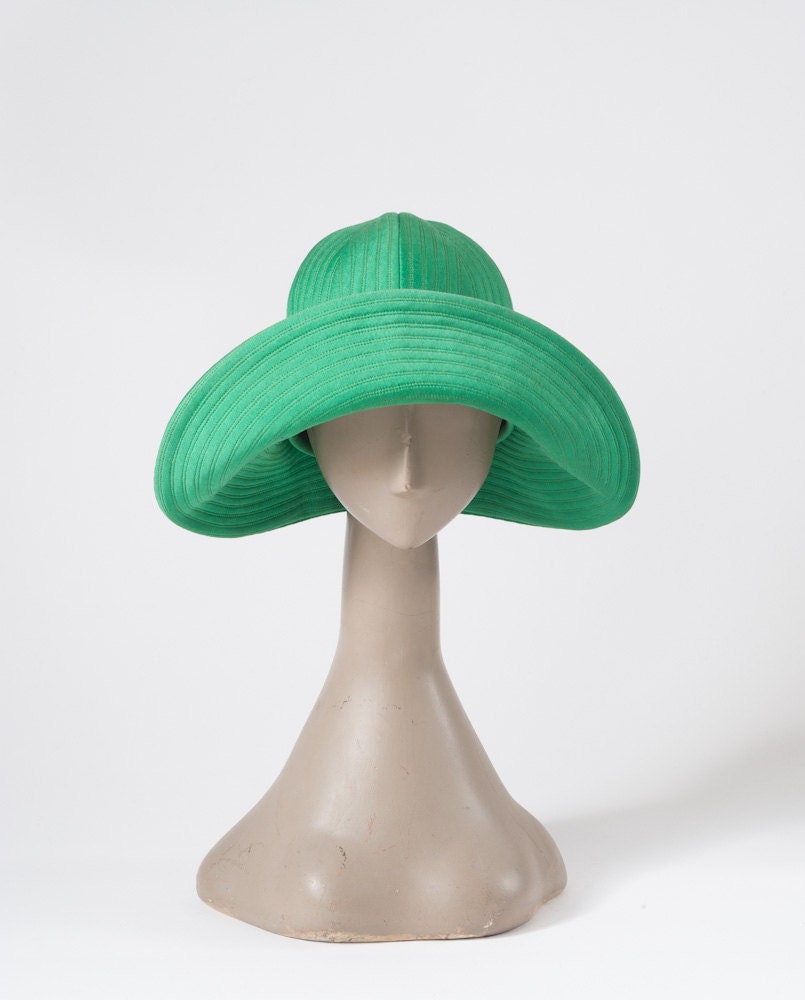 1960's Mod Green Sun Hat Floppy Cloth Summer Designer Adolfo Saks Hat