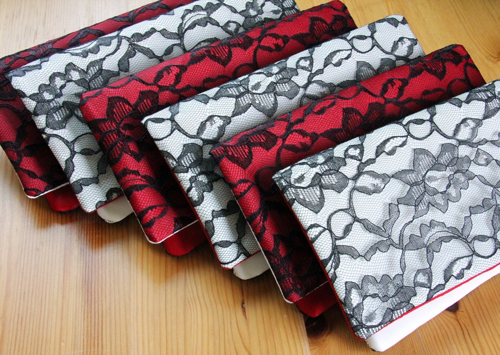 4 Bridesmaid Clutches, Red, Black and White Wedding Clutches, Sweetheart Collection