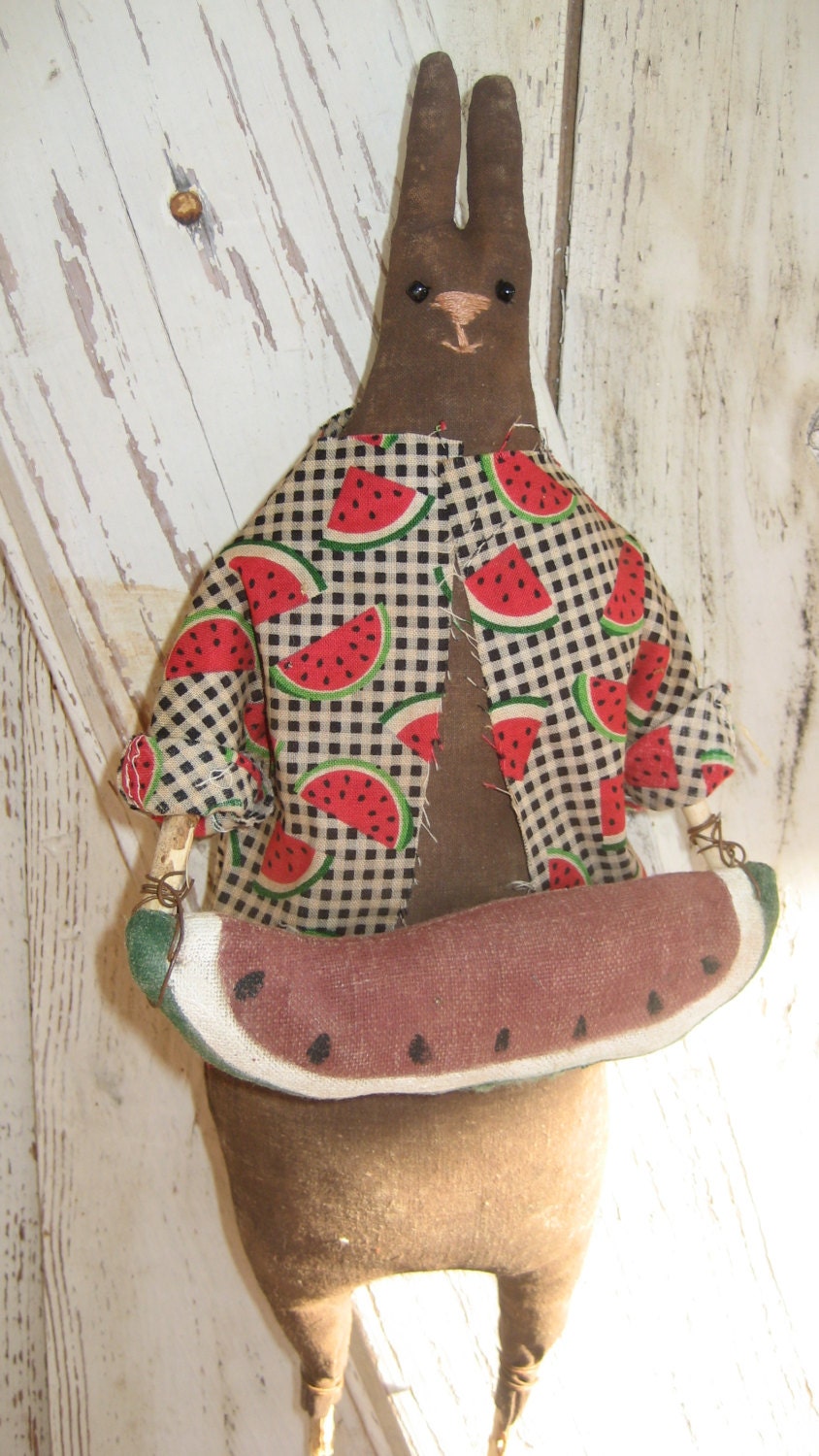 Flopsie Rabbit with Watermelon, Summer, Spring,, Primitive, Rustic, Doll
