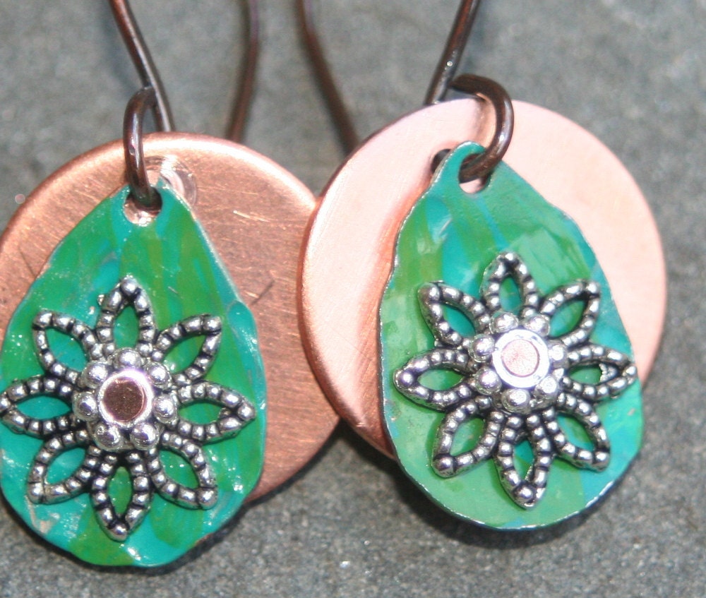 Vintage color earrings Copper disk with a patina teardrop