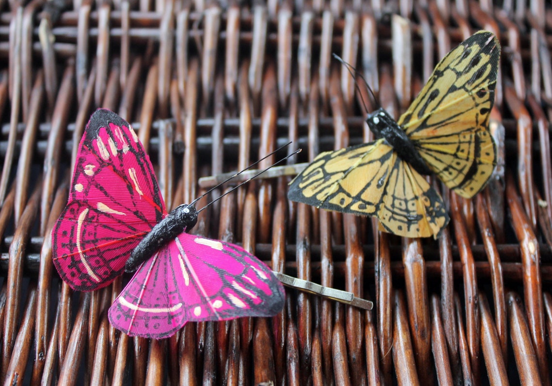 Pink & Yellow Butterfly Bobby Pins (Set of 2)
