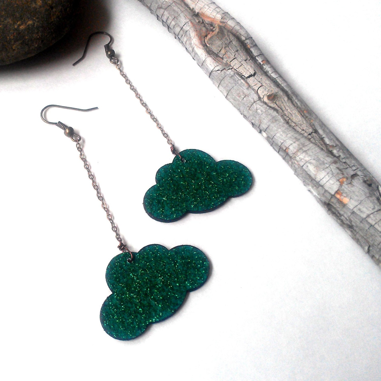 Glitter cloud earrings emerald green with antiqued bronze chain