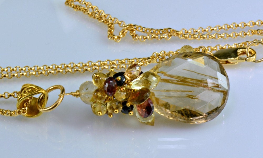 Rutilated Quartz Gemstone Necklace,Pink Garnet,Scapolite,Honey Quartz 14k Gold Filled Wire Wrapped Necklace Godiva