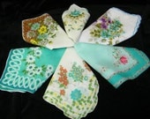 RESERVED for MIA, Gorgeous Vintage Lot of 6 Pristine Aqua Teal Blue Mixed  Floral Blank Center Handkerchiefs, 8361