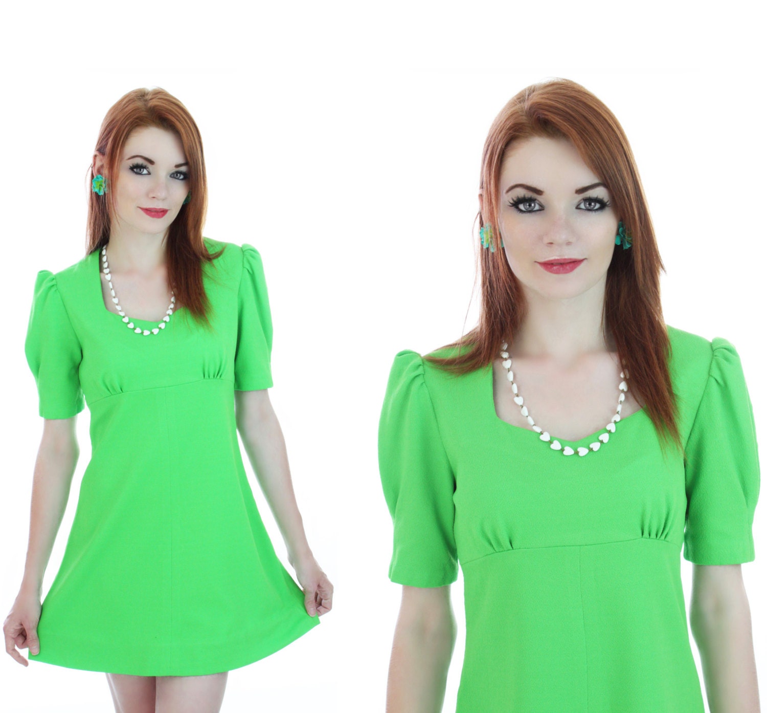 Mod Dolly Dress 60s Micro Mini Babydoll Puffy Sleeves Sixties Neon Green A-line Sexy 1960s 70s Retro S M Small Medium