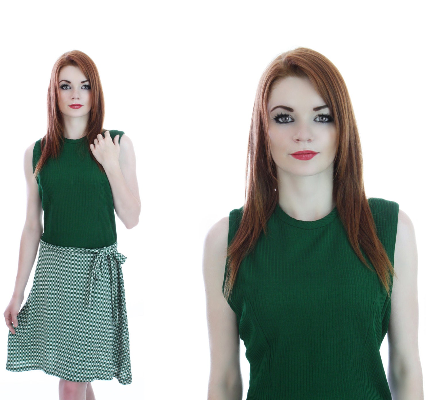 60s Mod Dress Green & White Checkers A-Line Mod Mini Plaid Checks1960s 70s 1970s Small S Medium M