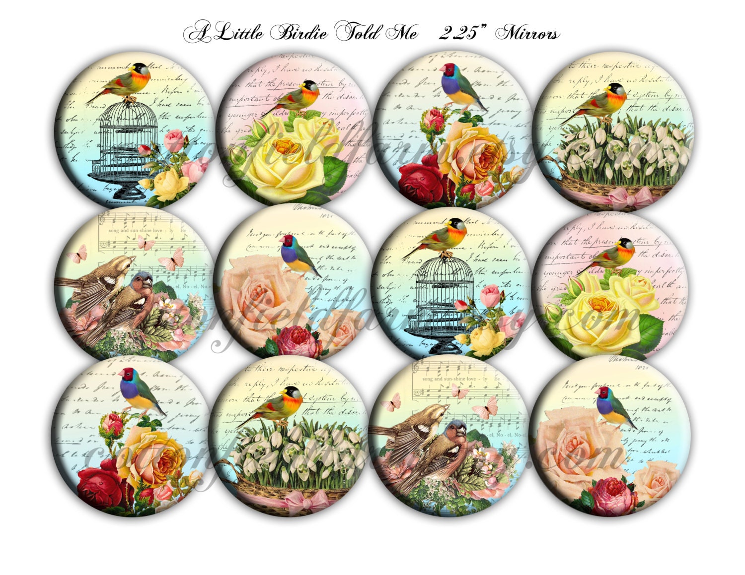 Cottage Birds and Flowers Wedding Bridal  Mirrors or Magnets 2.25 Inch for Shower, Wedding or Birthday Favors Set of 12
