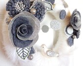 Silver, Glass and the Bird - The Original Felt Yarn Wreath -  Retro Door Decoration in Pearl White, Silver and Grey- Home Decor Art Textile