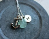 Anchor Necklace, Personalized Charm Necklace with Seafoam Sea Glass Anchor and Shiny Initial Charm Sterling Silver