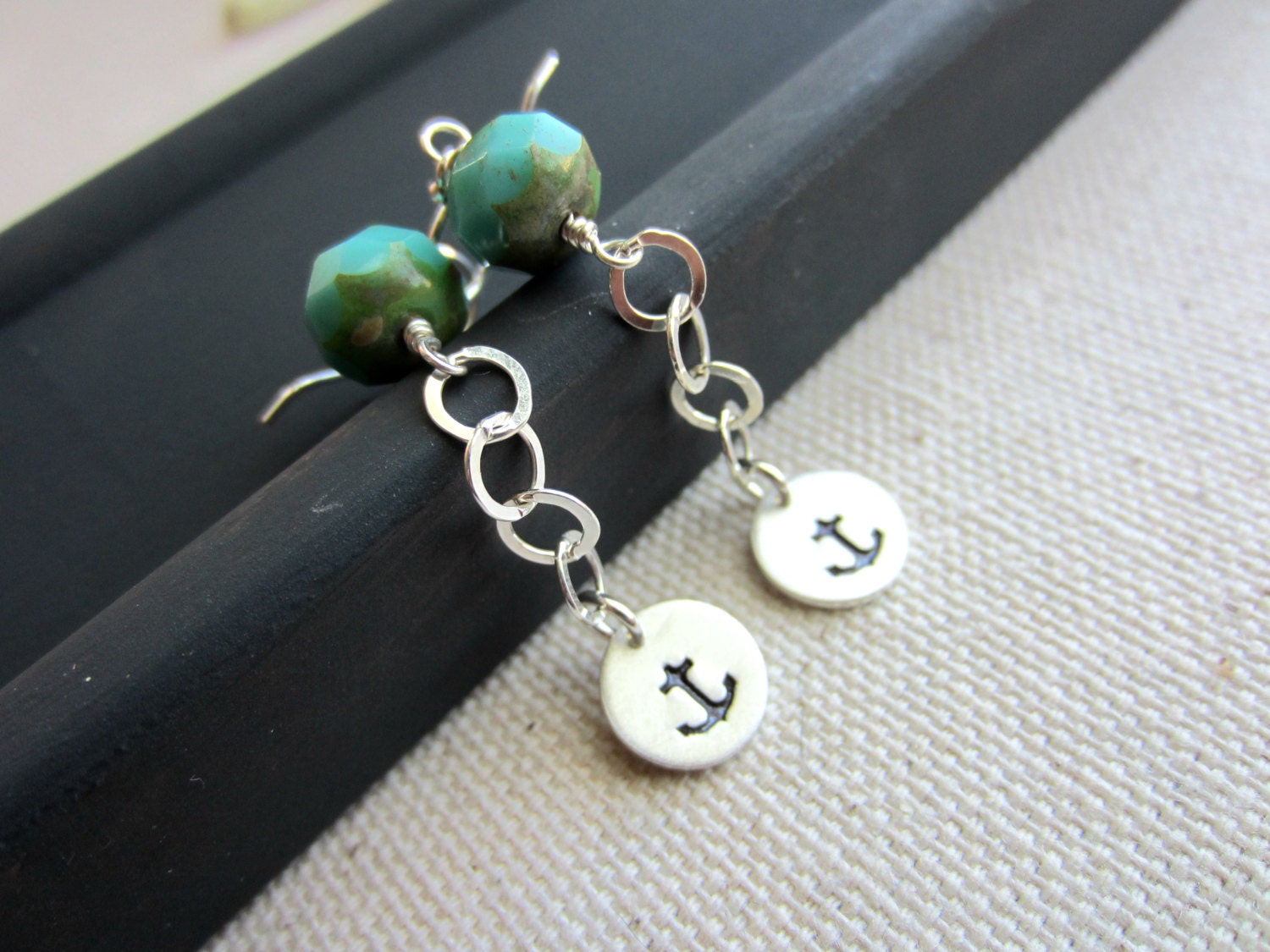 Long Sterling Silver and Aqua Glass Anchor Earrings, Hand Stamped Earrings, Sterling Disc, Large Link Chain, Beach Earrings