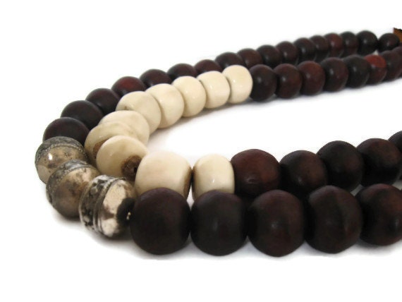 Long Wood Bead and African Bone Bead Statement Necklace