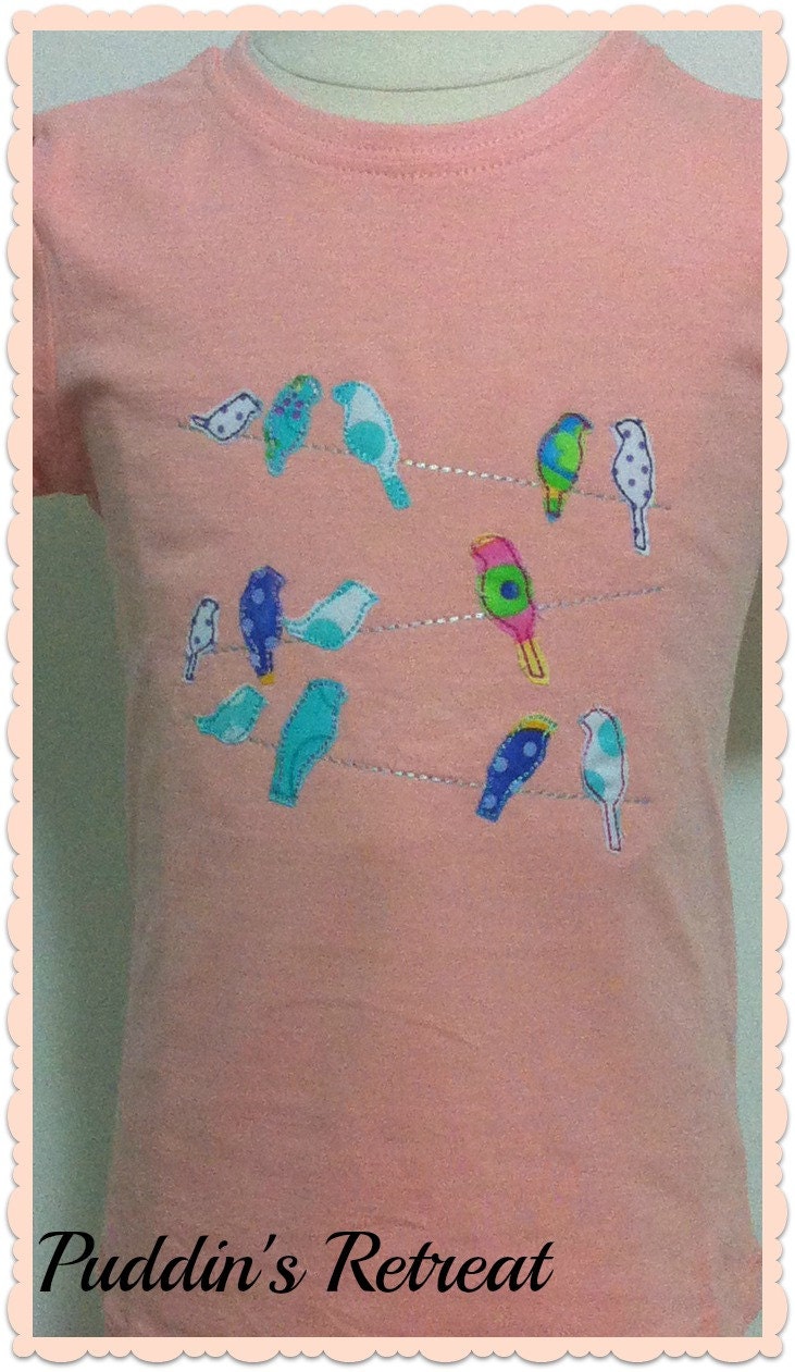 Girls Personalised Bird of a Wire Appliqued Tee T Shirt