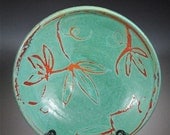 Wheel thrown Serving Bowl - Natural GREEN and RED Flora vine