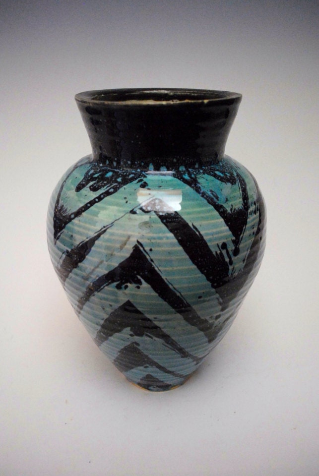 Black and aqua chevron vase