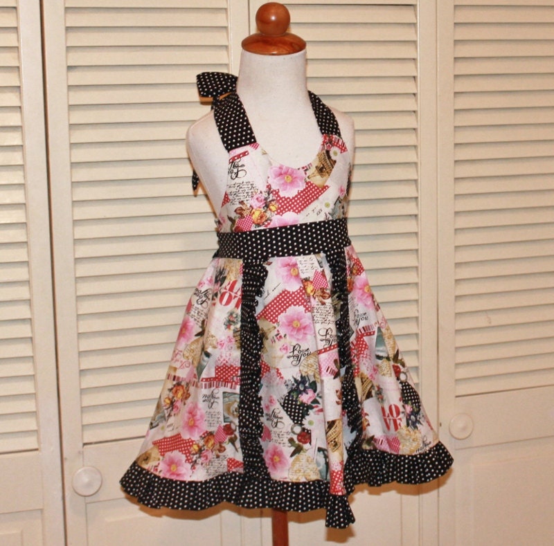 Handmade Dress, Party Dress, Shabby Chic Dress, Birthday Dress with Halter Top and Ruffles in Pink and Black