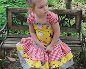 Girls Handmade Skirt Set with Corset Top in Yellow Chicken Print and Red and Black Checks
