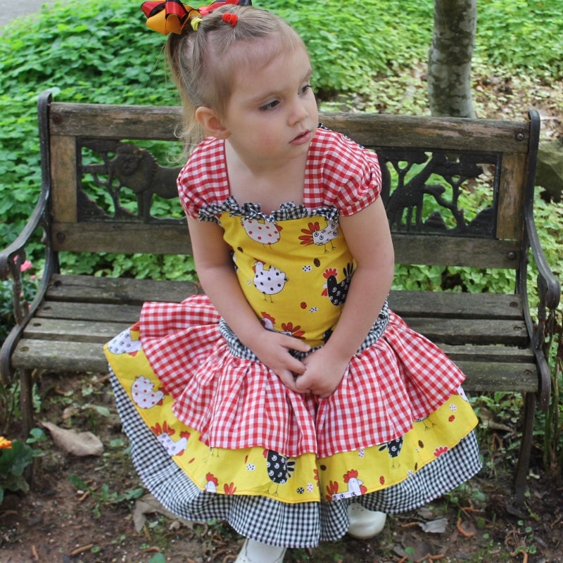 Girls Handmade Skirt Set with Corset Top in Yellow Chicken Print and Red and Black Checks