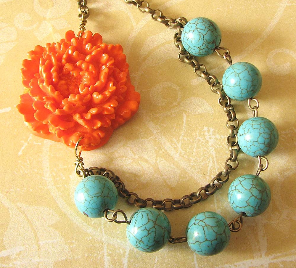 Orange Flower Necklace Turquoise Jewelry Bib Statement Necklace Orange Necklace Double Strand Bridesmaid Necklace
