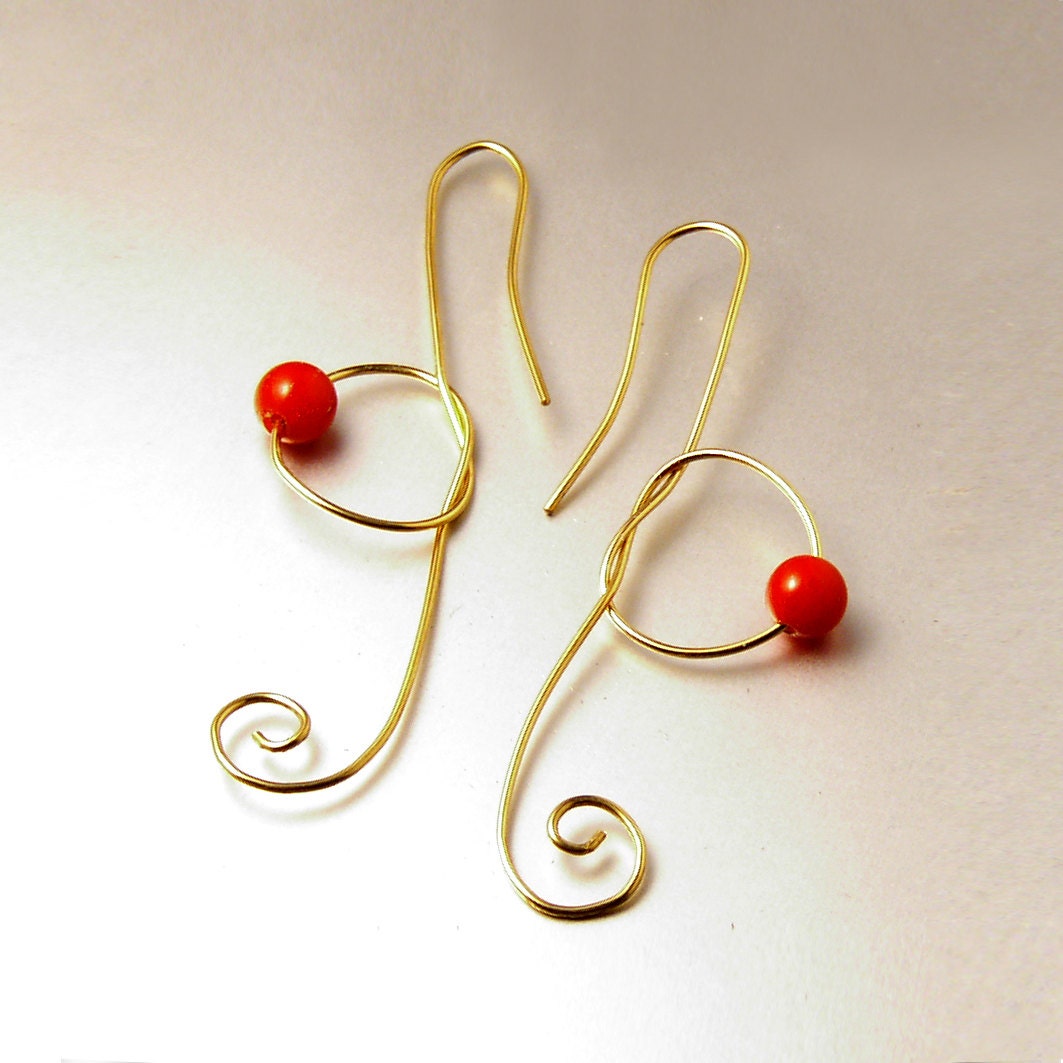 SOL KEY 18k Gold earrings,  yellow gold coral earrings, ooak earrings, fine italian jewelry