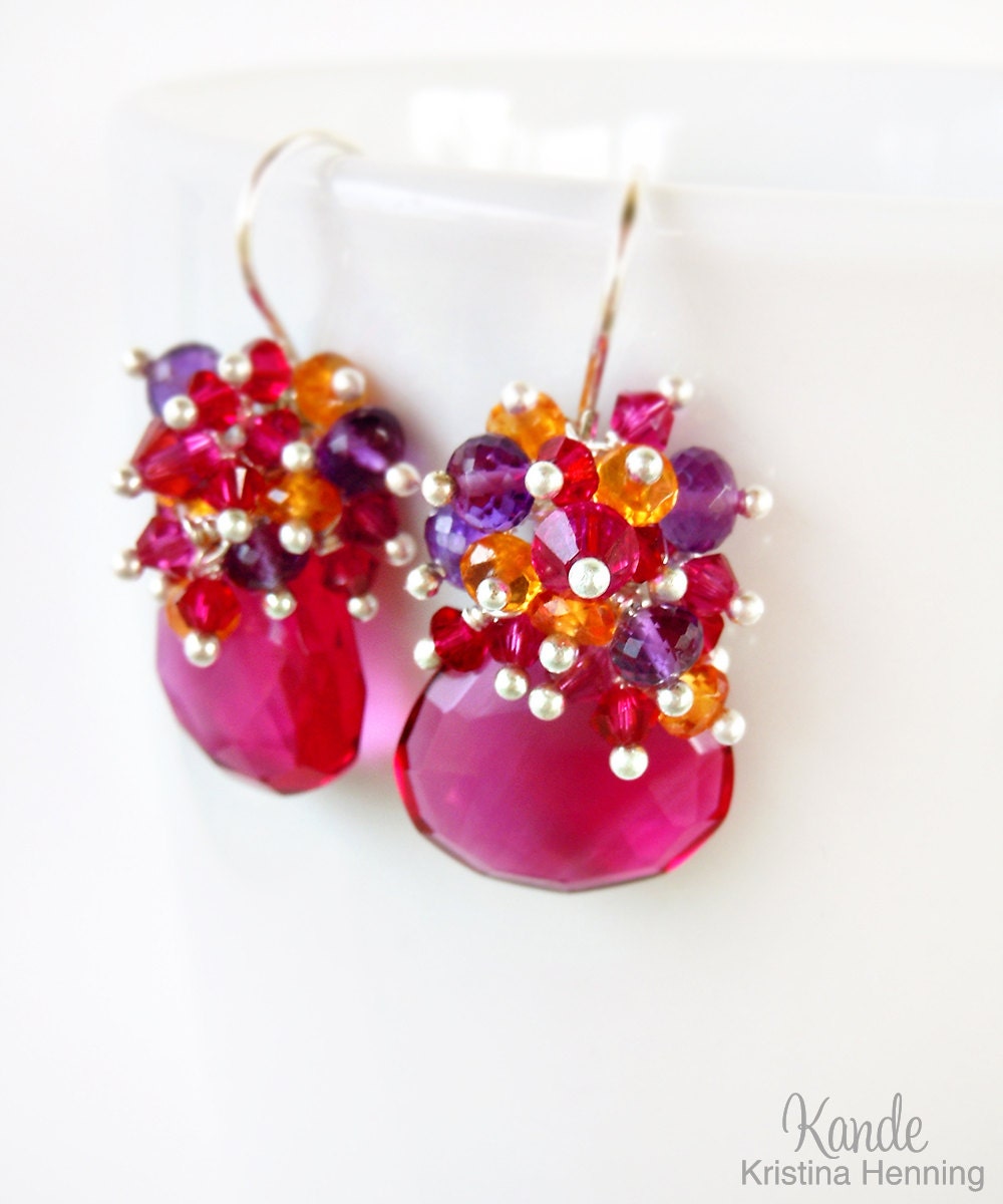 Hot Pink Earrings, Gemstone Cluster, Purple Amethyst, Orange Garnet, Bright Colorful, Kande Kristina Henning