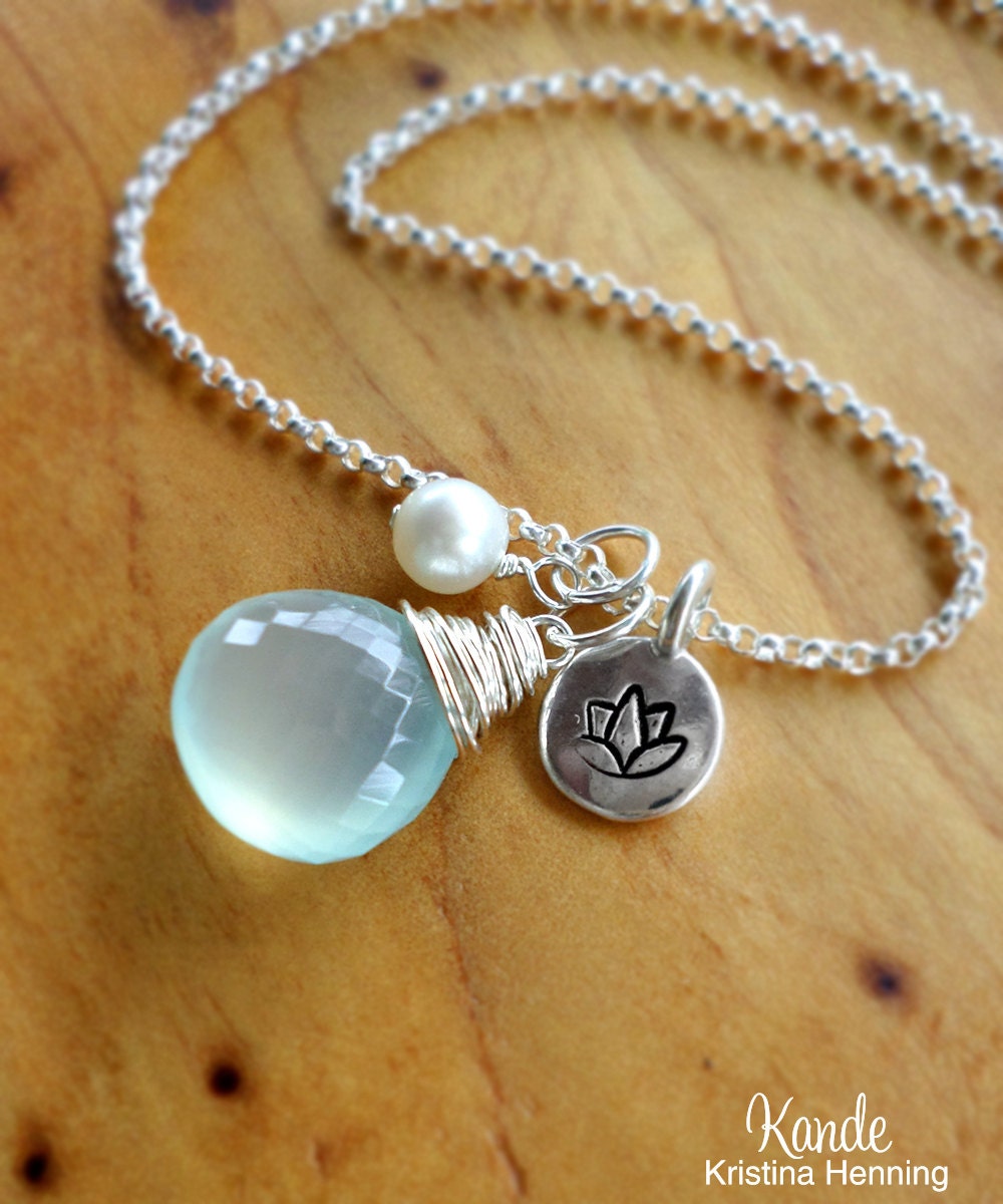 Aqua Chalcedony Necklace, Hand Stamped Charm, Lotus Flower, Sterling Silver, Gemstone Pendant,  Kande Kristina Henning - Sakura