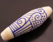 Lampwork Bead Art Blue Scrolls Lines Dot Ivory Abstract Bicone Focal Bead Handmade Glass Heather Behrendt  BHV SRA LETeam