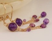 Amethyst and garnet dangle earrings,14k gold filled "Lilac" February birthstone, leverback earwires, purple and gold jewelry
