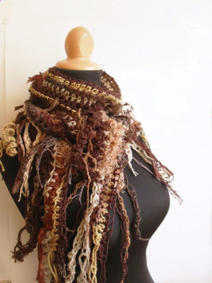Earth Tones Gypsy Triangle Scarf in Recycled Sari Silk, Hemp, Noro, Hemp Wool, Hemp Soy, and Banana Silk Autumn Fall Winter Fashion
