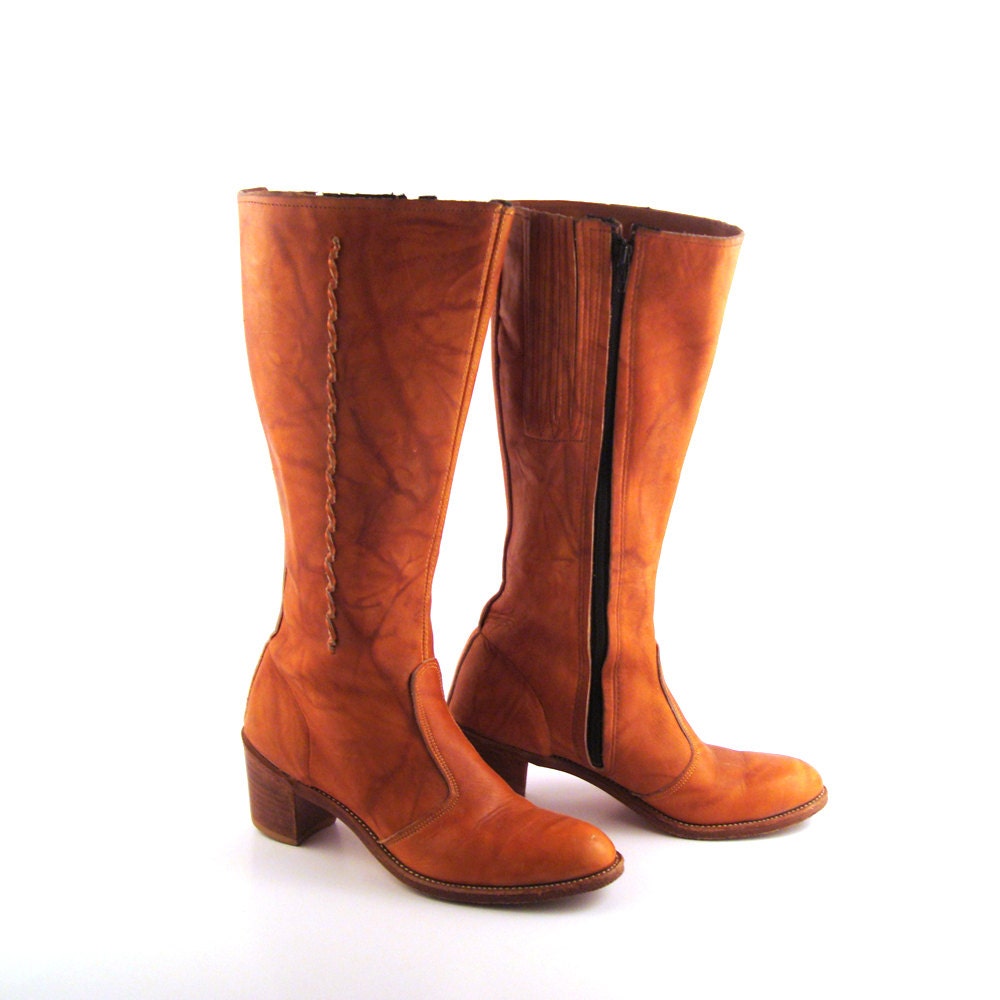 Campus Boots Leather Vintage 1970s Stacked Heel Carmel Brown Leather Women's size 8