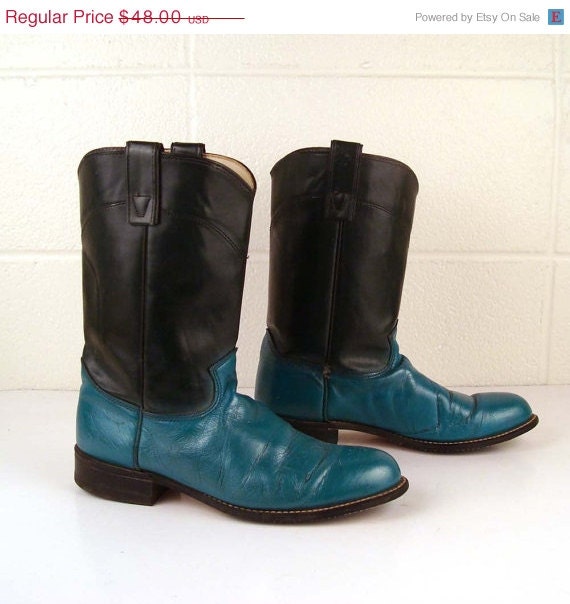 SALE Green Cowboy Boots Vintage Teal Roper Leather Flat Wrangler Women's 8