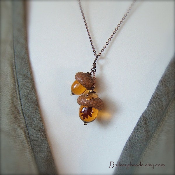 Glass Acorn Necklace - Doubles in Topaz with Vintage Leaf by Bullseyebeads