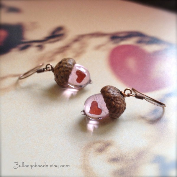 Glass Acorn Earrings - Peter Pan Kiss in Pink - by Bullseyebeads