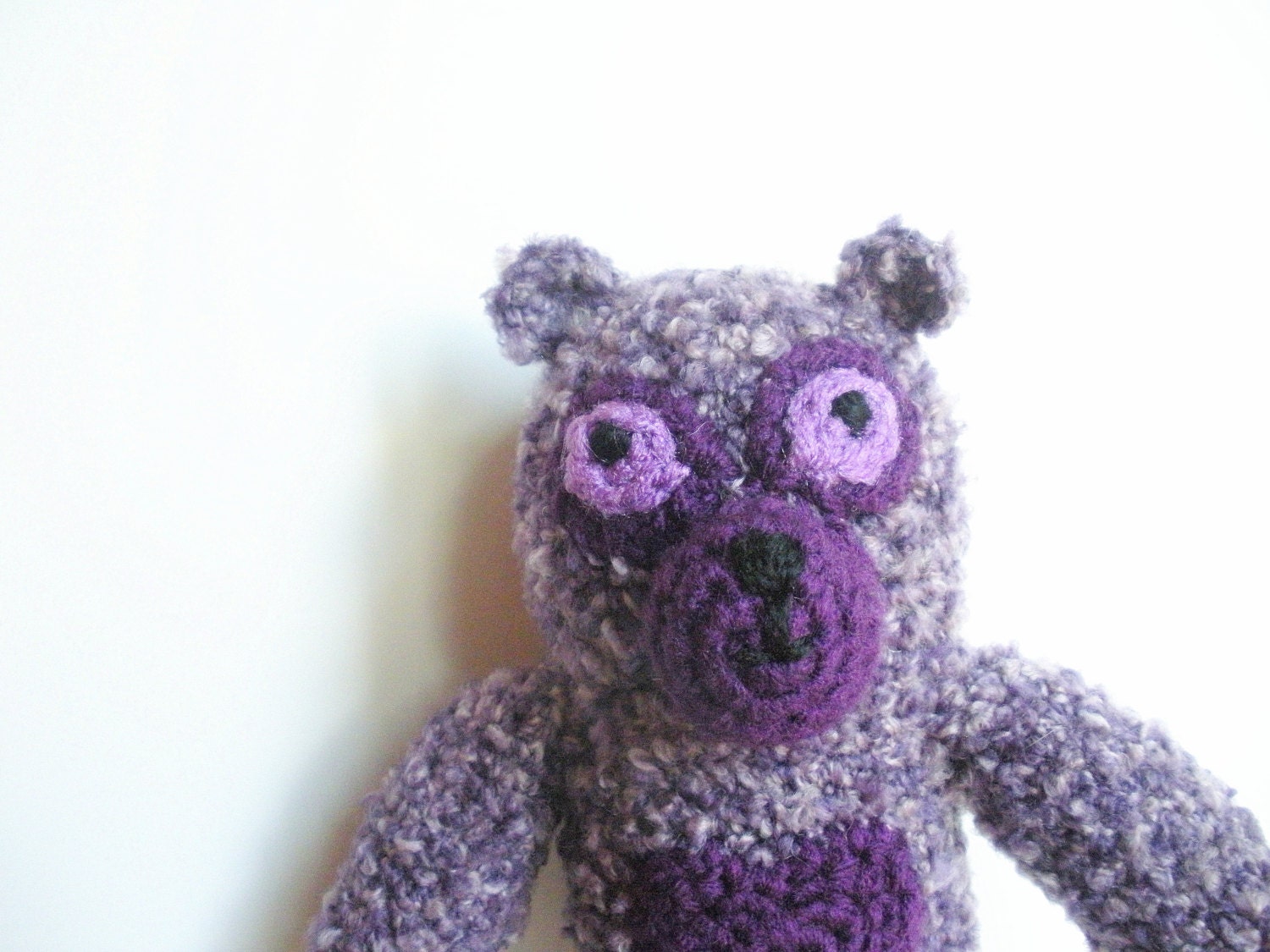 Plush Crochet Bear and Matching Hat Set in purple boucle, girls 12-18 months, ready to ship.